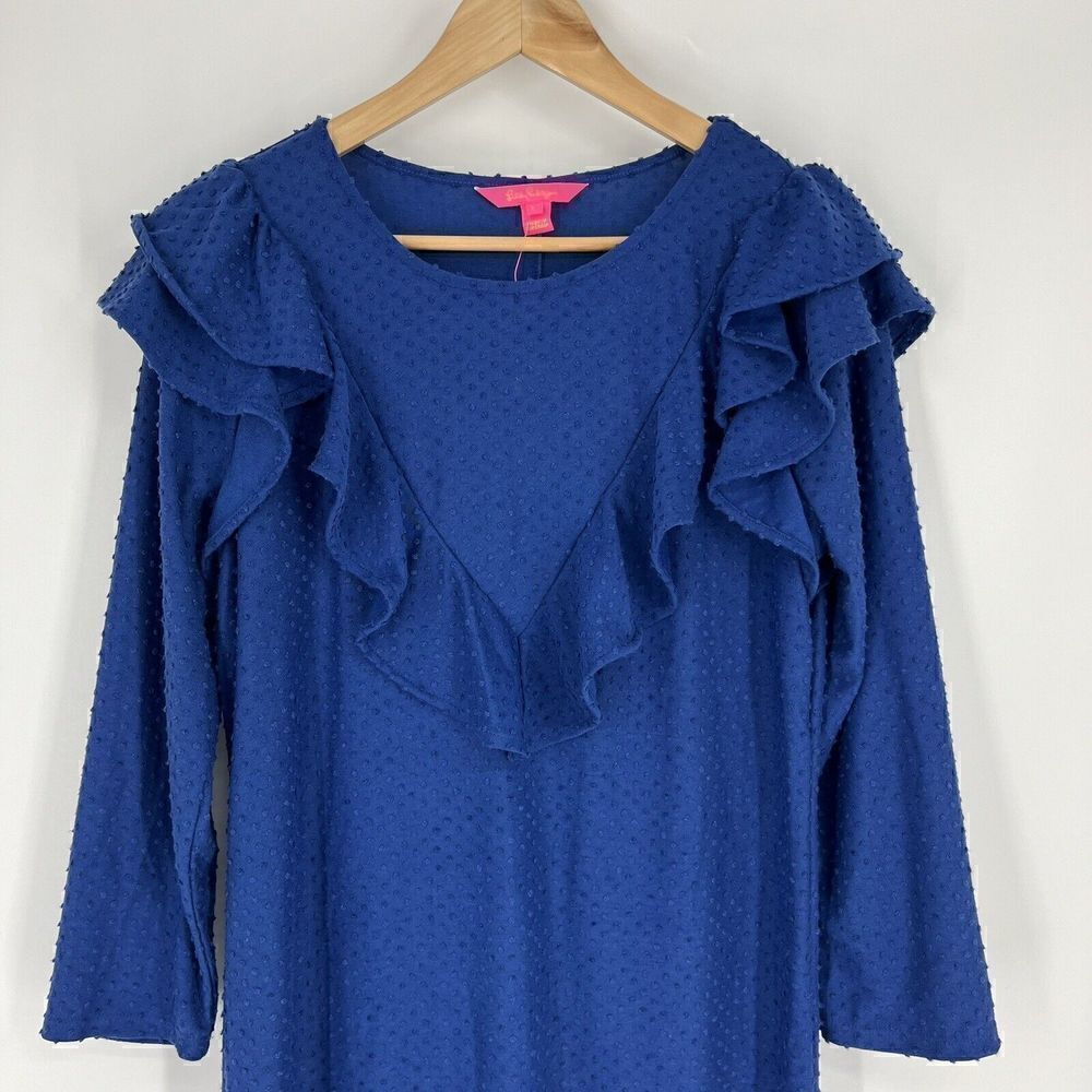 Lilly Pulitzer Dress Size Large Womens Blue Pheby Oyster Bay Cozy Knit Swiss Dot - Picture 2 of 8